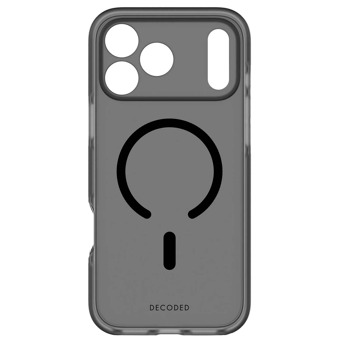 Una custodia grigia per telefono con un design circolare nero e una piccola linea verticale, con la scritta DECODED in basso.
