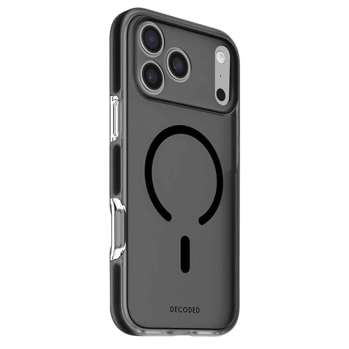 Una custodia trasparente per iPhone con un cerchio MagSafe nero e un segno meno. La custodia ha il logo 'DECODED'.