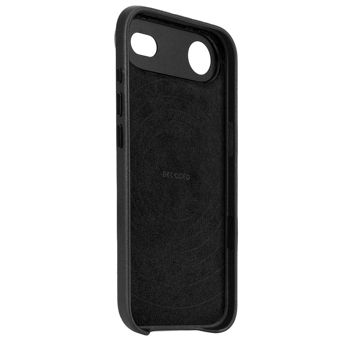 Eine schwarze Handyhülle mit Aussparungen für Kamera und Knöpfe. Innen steht das Wort 'DECODED'.