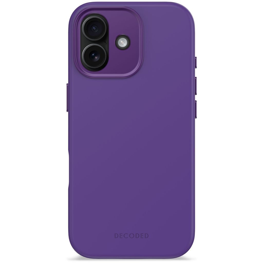 Una custodia viola per telefono con un ritaglio per la fotocamera e la scritta 'DECODED'.
