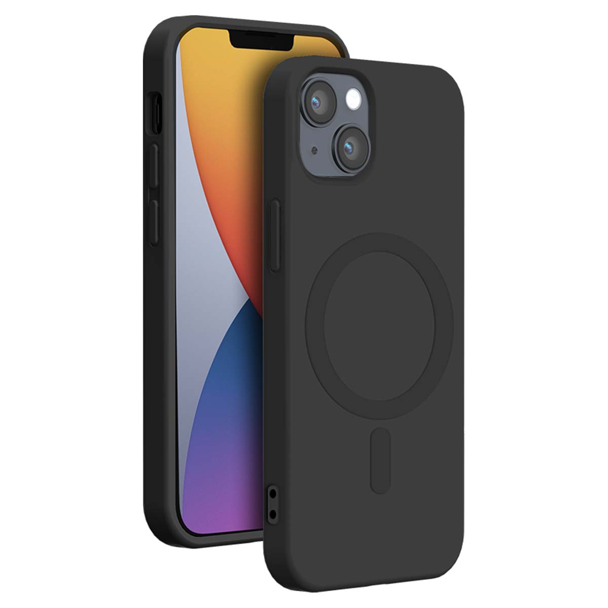 Due custodie nere per iPhone. Una mostra lo schermo, con uno sfondo colorato. L'altra è una custodia solida con un cerchio e una linea.