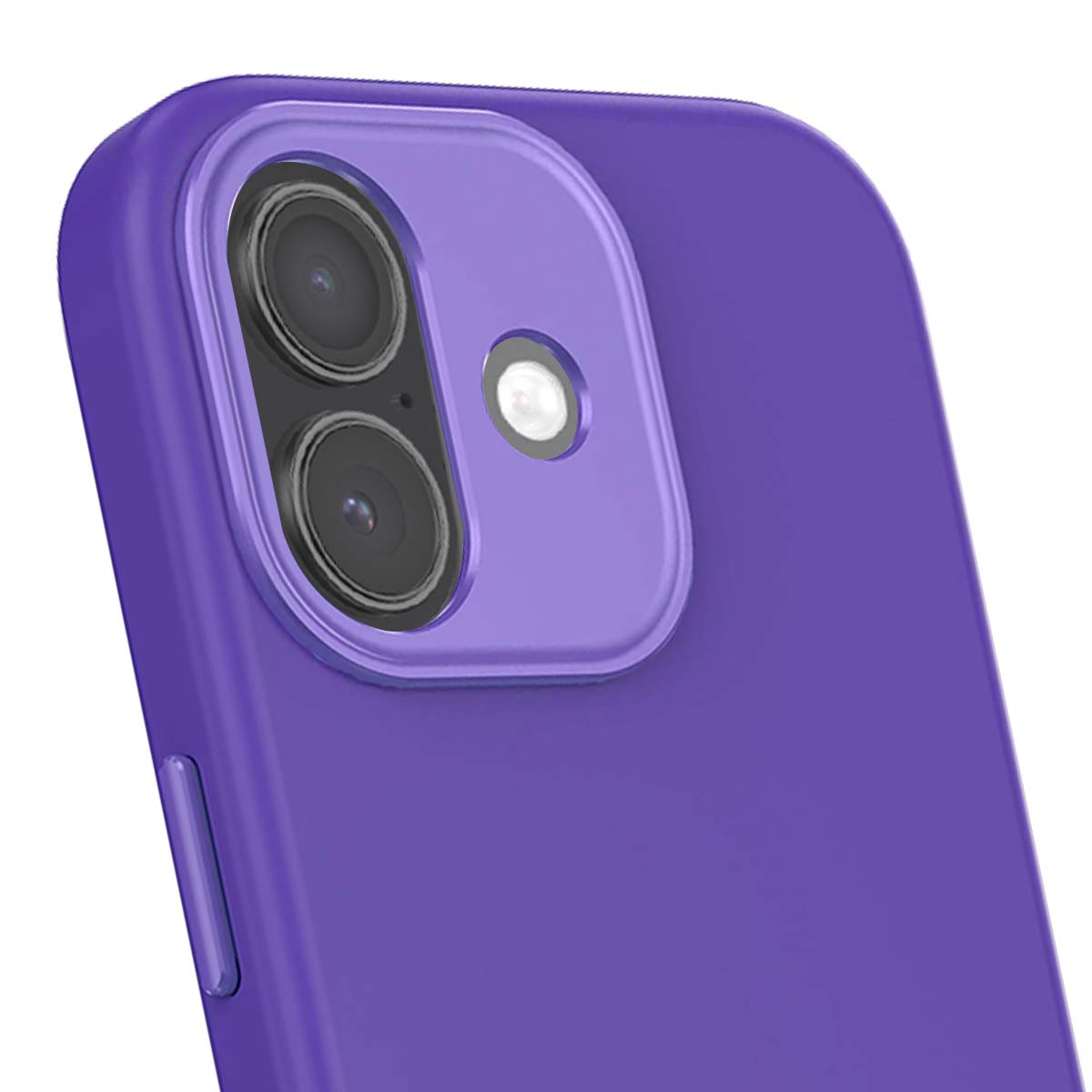 Primo piano di una custodia per telefono viola con lenti della fotocamera. La custodia è di colore pieno e copre il retro del telefono.