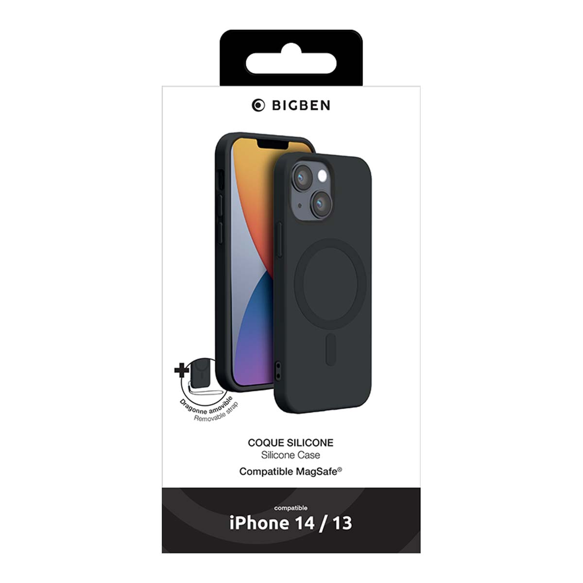 Una scatola di custodie per telefoni con una custodia nera e un iPhone. È compatibile con iPhone 14/13. Il marchio è Bigben.