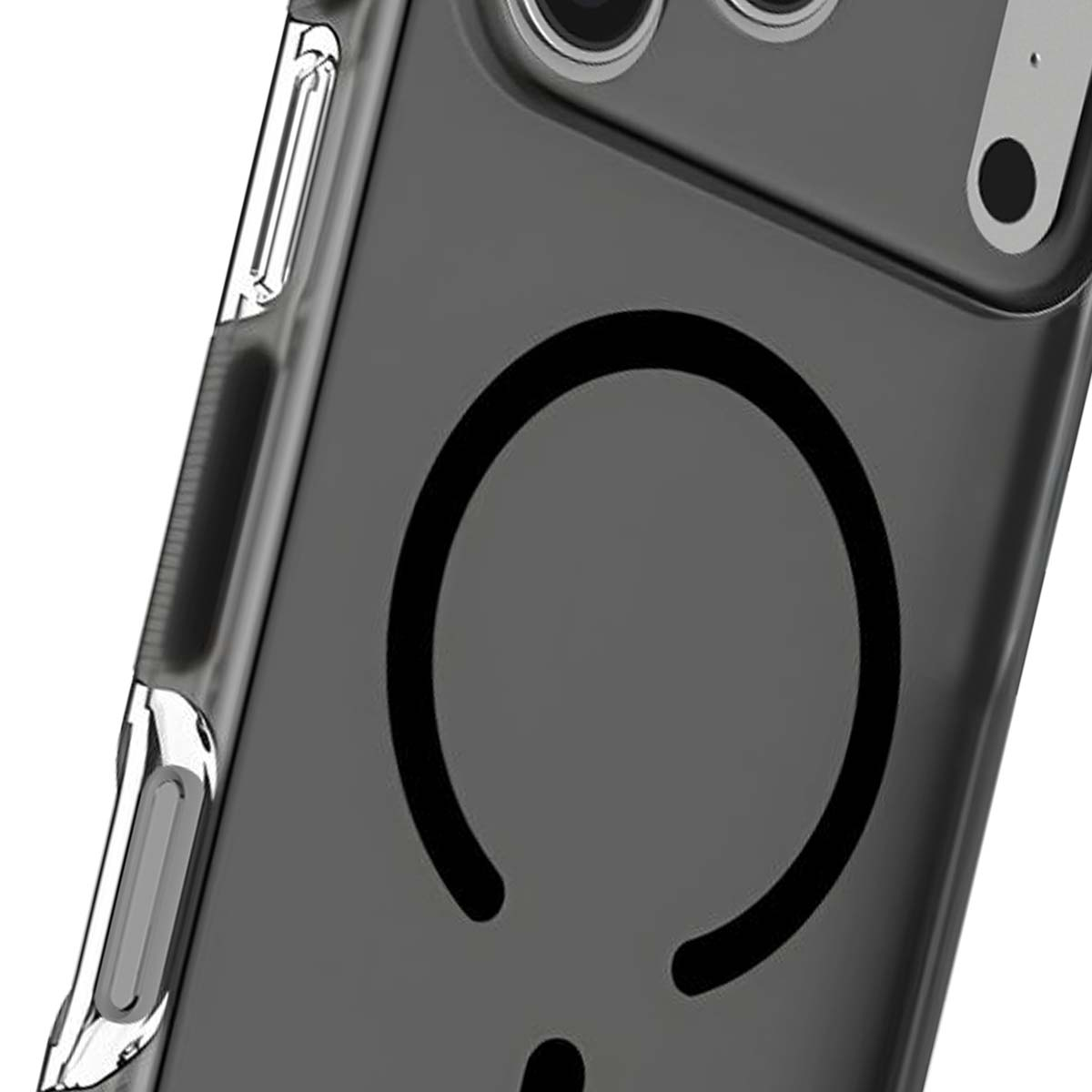 Primo piano di una custodia per telefono. La custodia è trasparente con un design circolare nero. Obiettivi della fotocamera visibili.