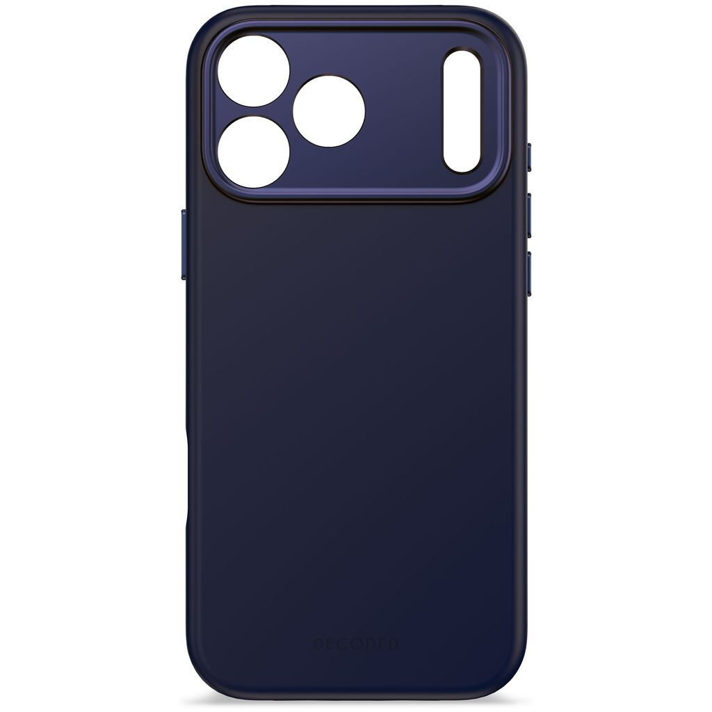 Una custodia per telefono blu navy. Ha ritagli per fotocamera e flash. Il marchio 'DECODED' è in basso.