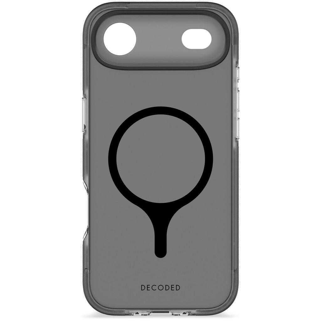 Custodia grigia per telefono con design circolare nero e logo 'DECODED' in basso. La custodia ha due fori per la fotocamera.