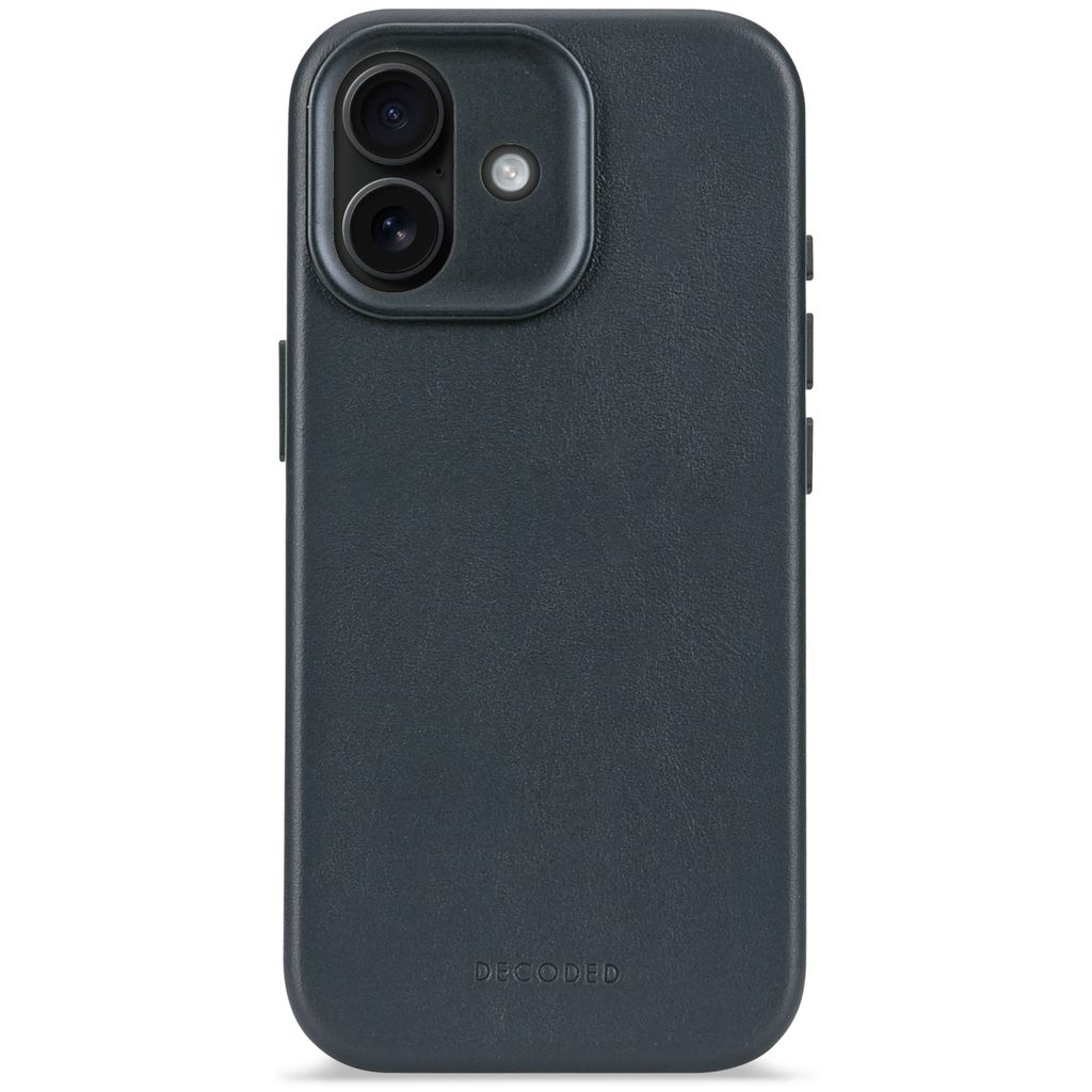 Una custodia per telefono grigio scuro con due obiettivi e un flash. Il marchio 'DECODED' è visibile in basso.