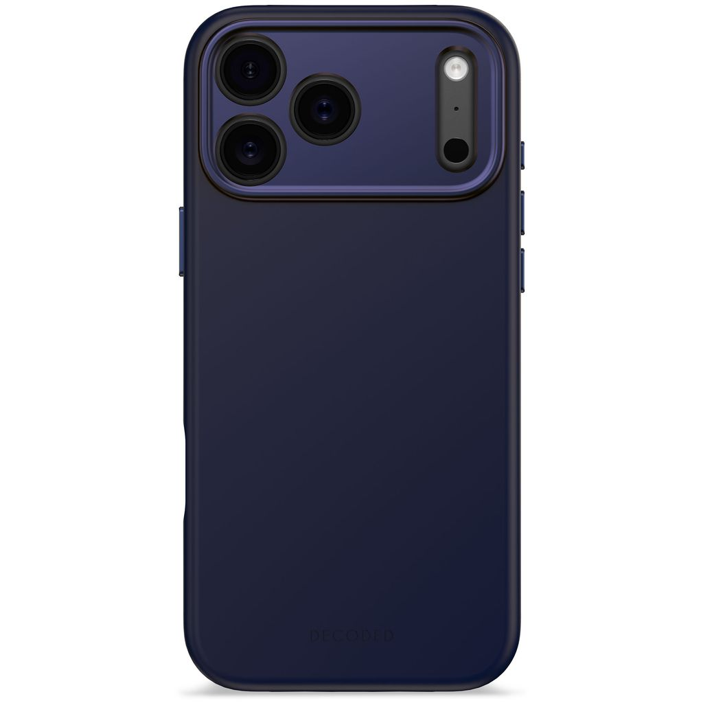 Una custodia blu navy per telefono. Ha un ritaglio per la fotocamera con tre obiettivi e un flash. La parola 'DECODED' è in basso.