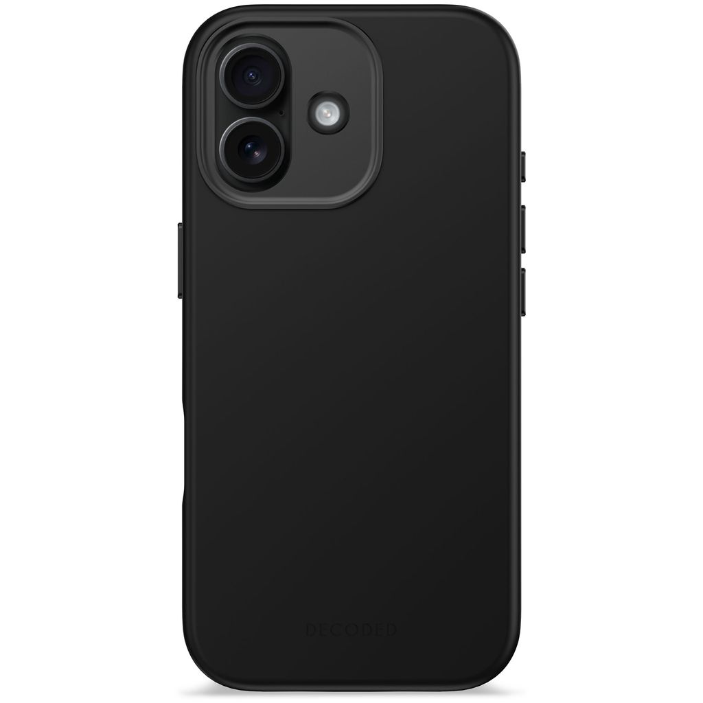 Eine schwarze iPhone-Hülle. Oben befinden sich Kameralinsen und ein Blitz. Das Wort 'DECODED' steht unten. Die Hülle hat Seitentasten.
