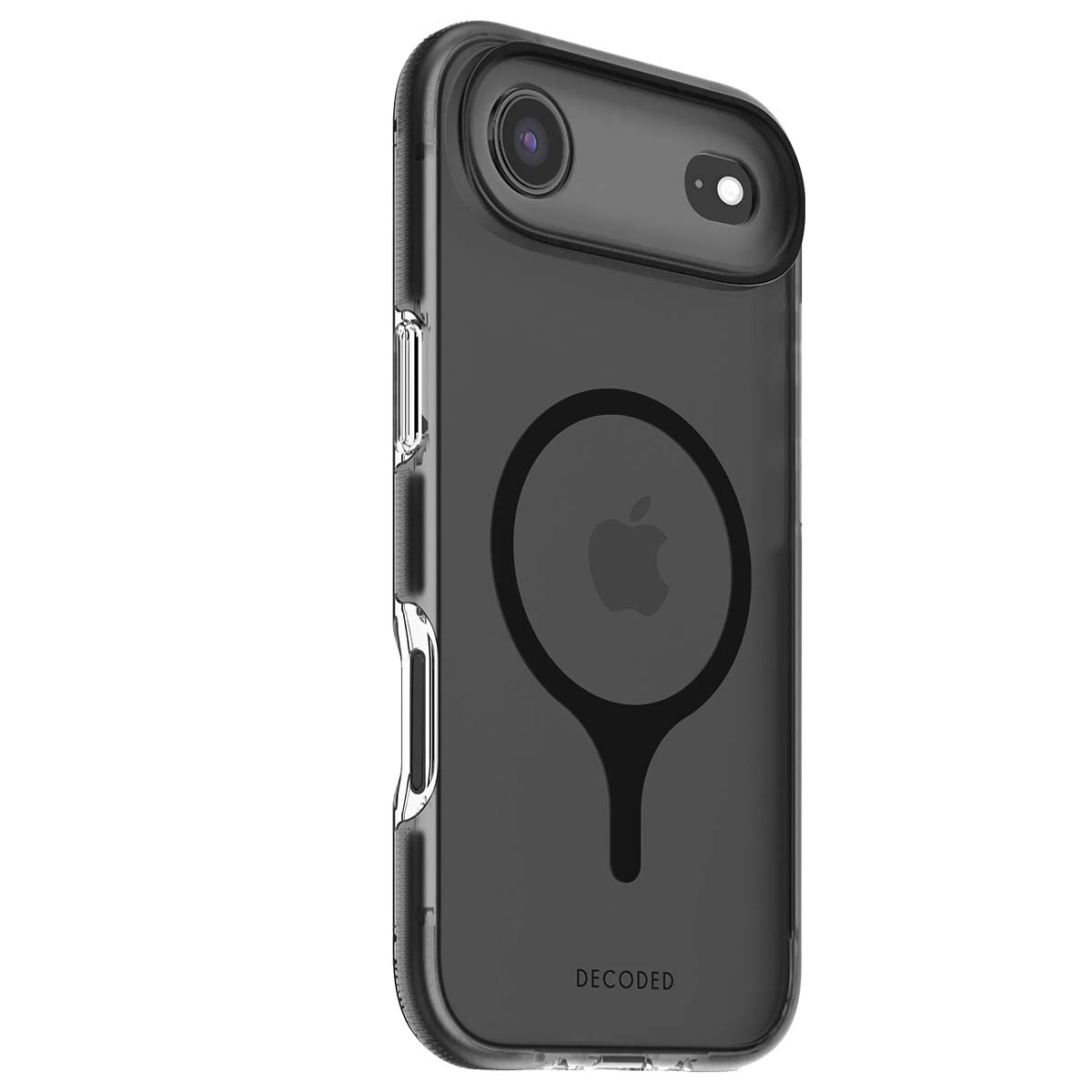 Una custodia trasparente per iPhone con retro nero. Il retro ha un logo Apple e un anello MagSafe circolare nero. Il testo 'DECODED' è in basso.