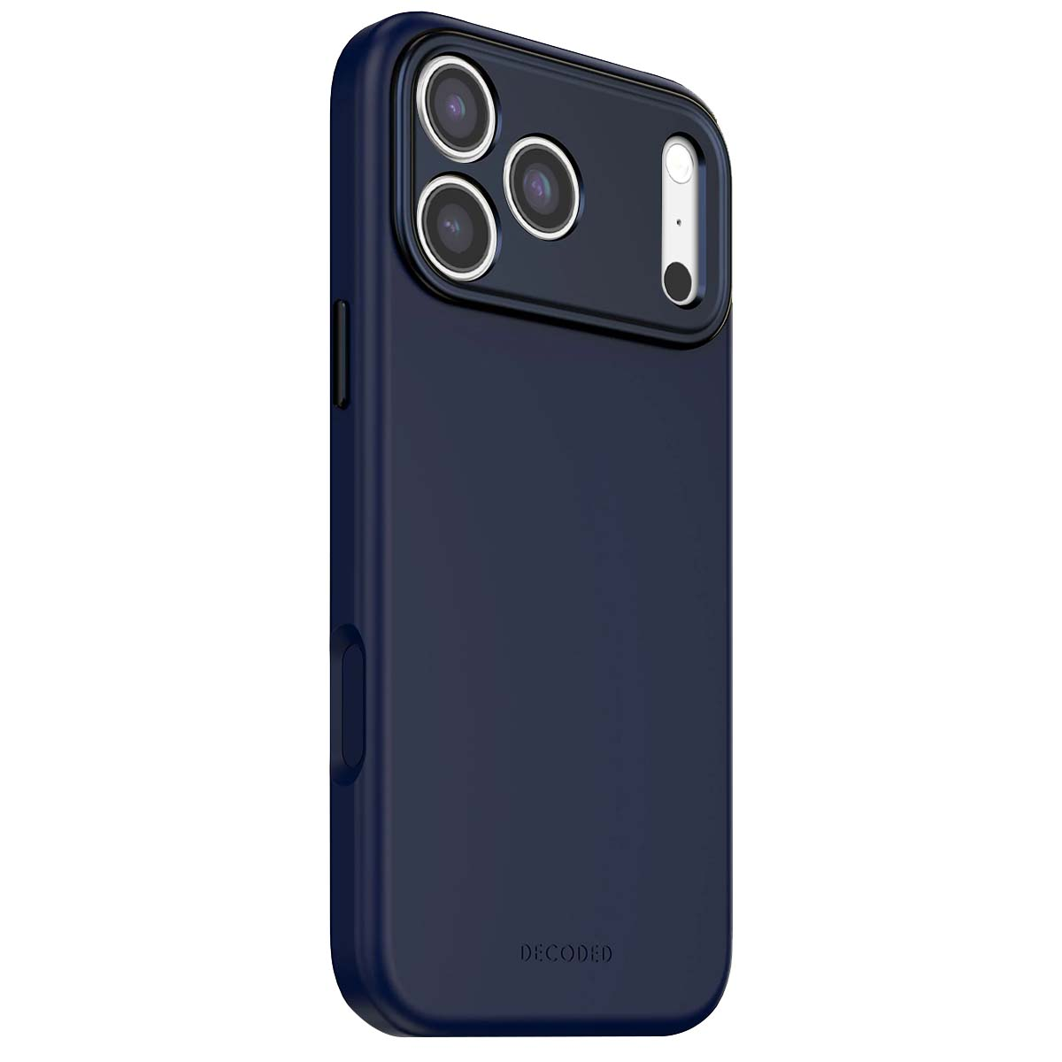 Una custodia per telefono blu scuro. Ha tre lenti della fotocamera e un flash. La parola 'DECODED' è in basso.