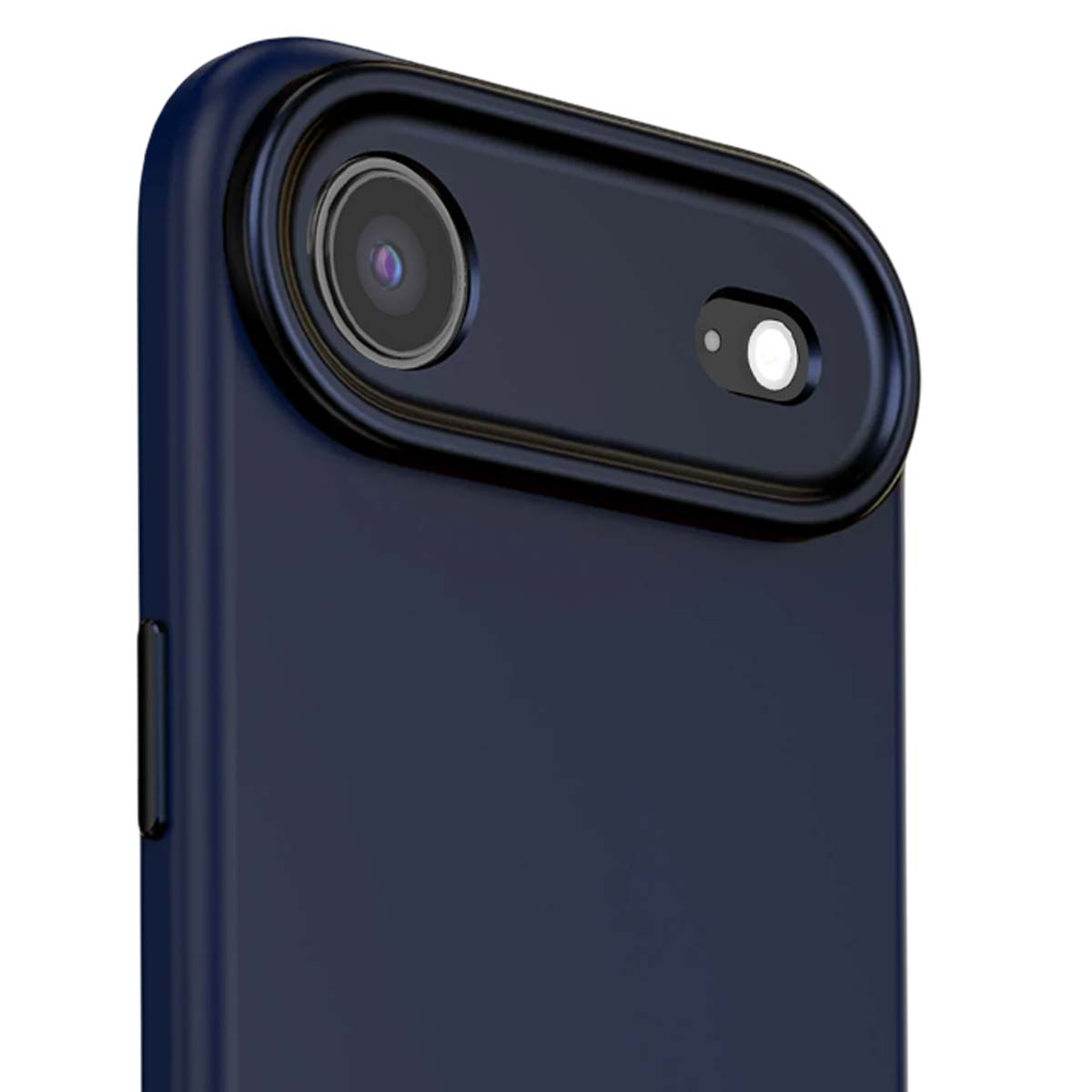 Primo piano di una custodia per telefono blu scuro. Presenta un obiettivo della fotocamera, un flash e un pulsante laterale. Lo sfondo è bianco.