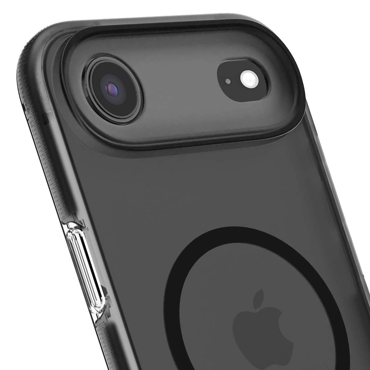 Primo piano di una custodia nera per telefono. Sono visibili un obiettivo e un flash. Il logo Apple è al centro.