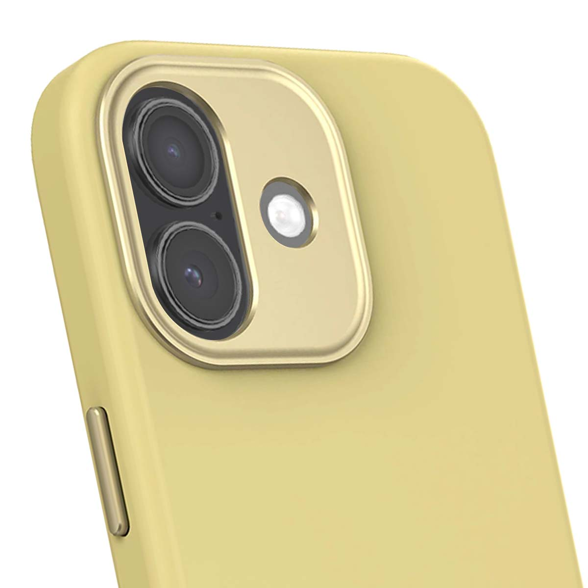 Primo piano di una custodia gialla per telefono con modulo fotocamera. Il modulo ha due lenti e un flash. La custodia è su sfondo bianco.