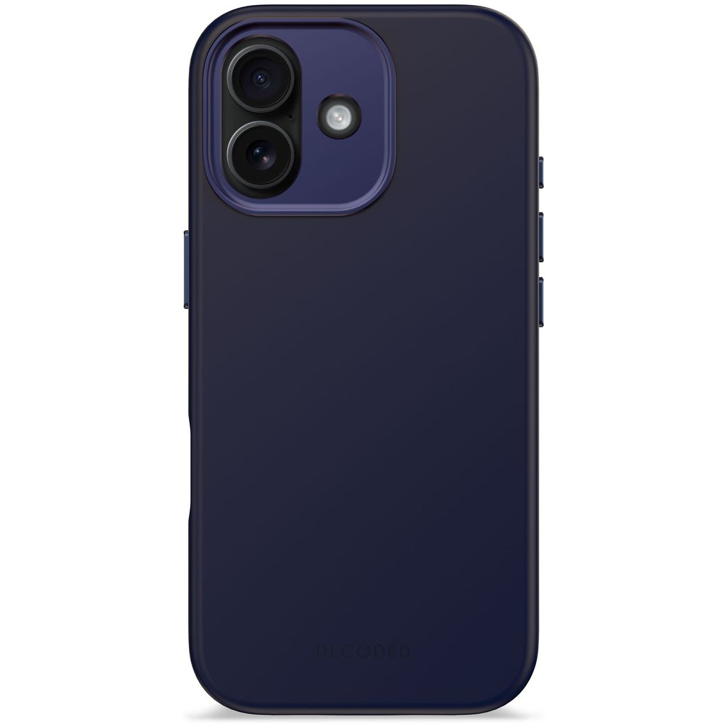Una custodia per telefono blu scuro con il marchio DECODED in basso. Ha un ritaglio per la fotocamera con due obiettivi.