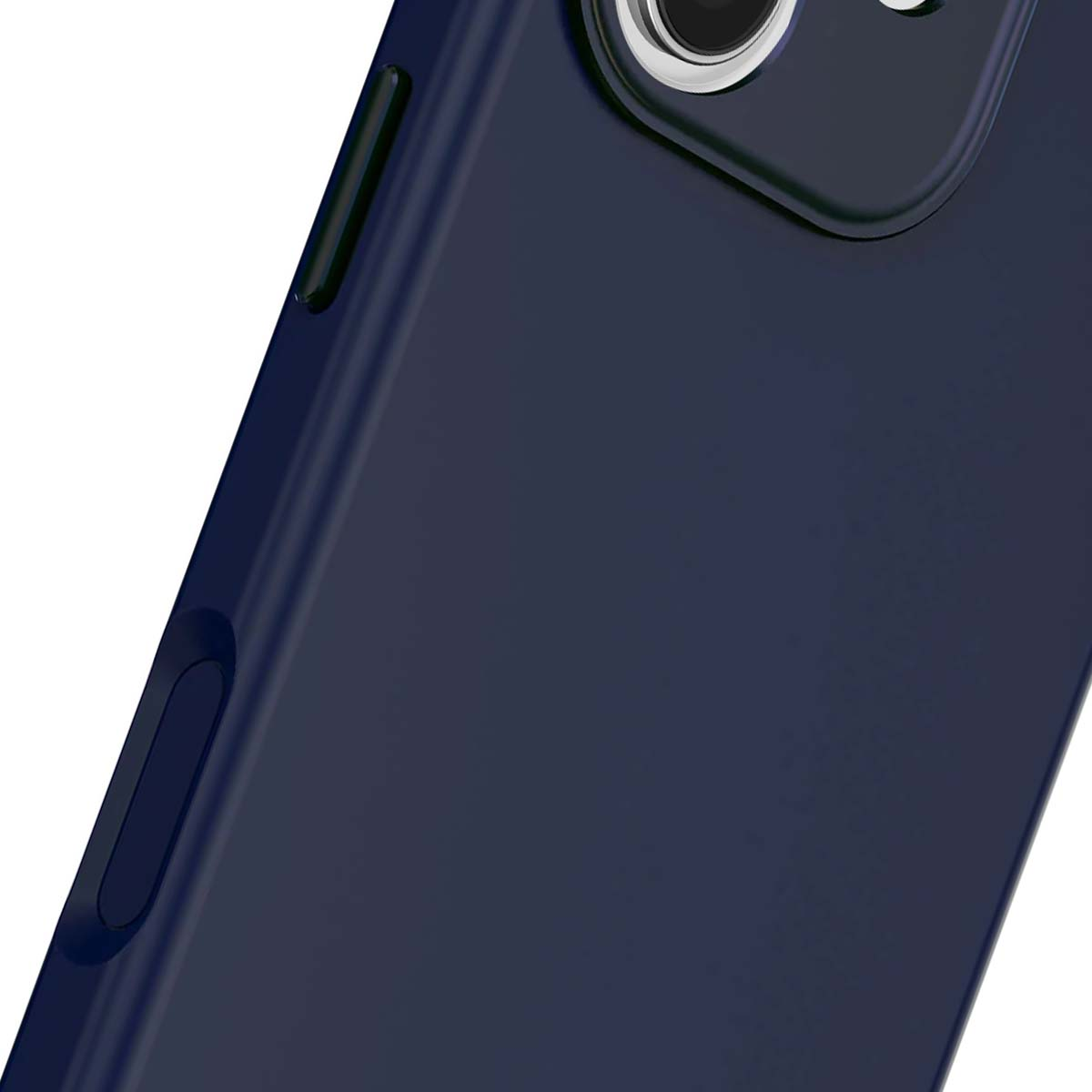 Primo piano di una custodia per telefono blu scuro. La custodia ha una superficie liscia con obiettivo della fotocamera e pulsanti laterali.