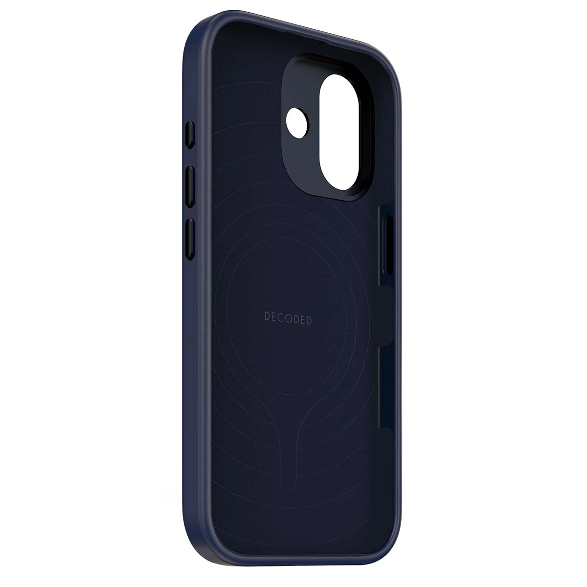 Una custodia per telefono blu scuro. Ha ritagli per la fotocamera e i pulsanti. La parola 'DECODED' è sul retro.