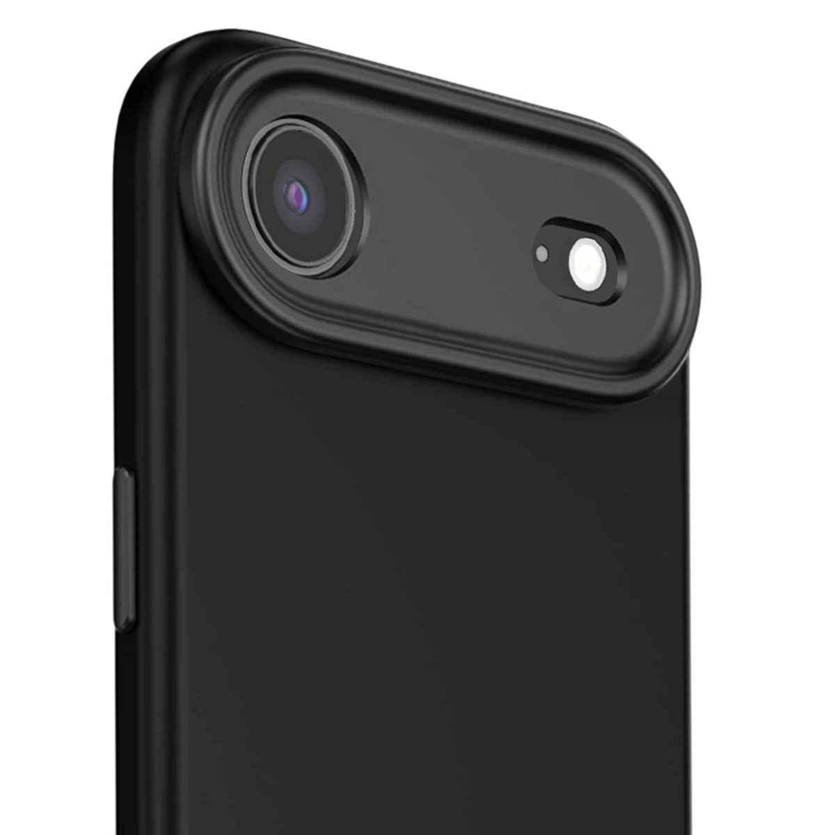 Primo piano di un telefono nero. L'obiettivo della fotocamera e una piccola luce bianca sono visibili. È visibile anche il pulsante laterale del telefono.