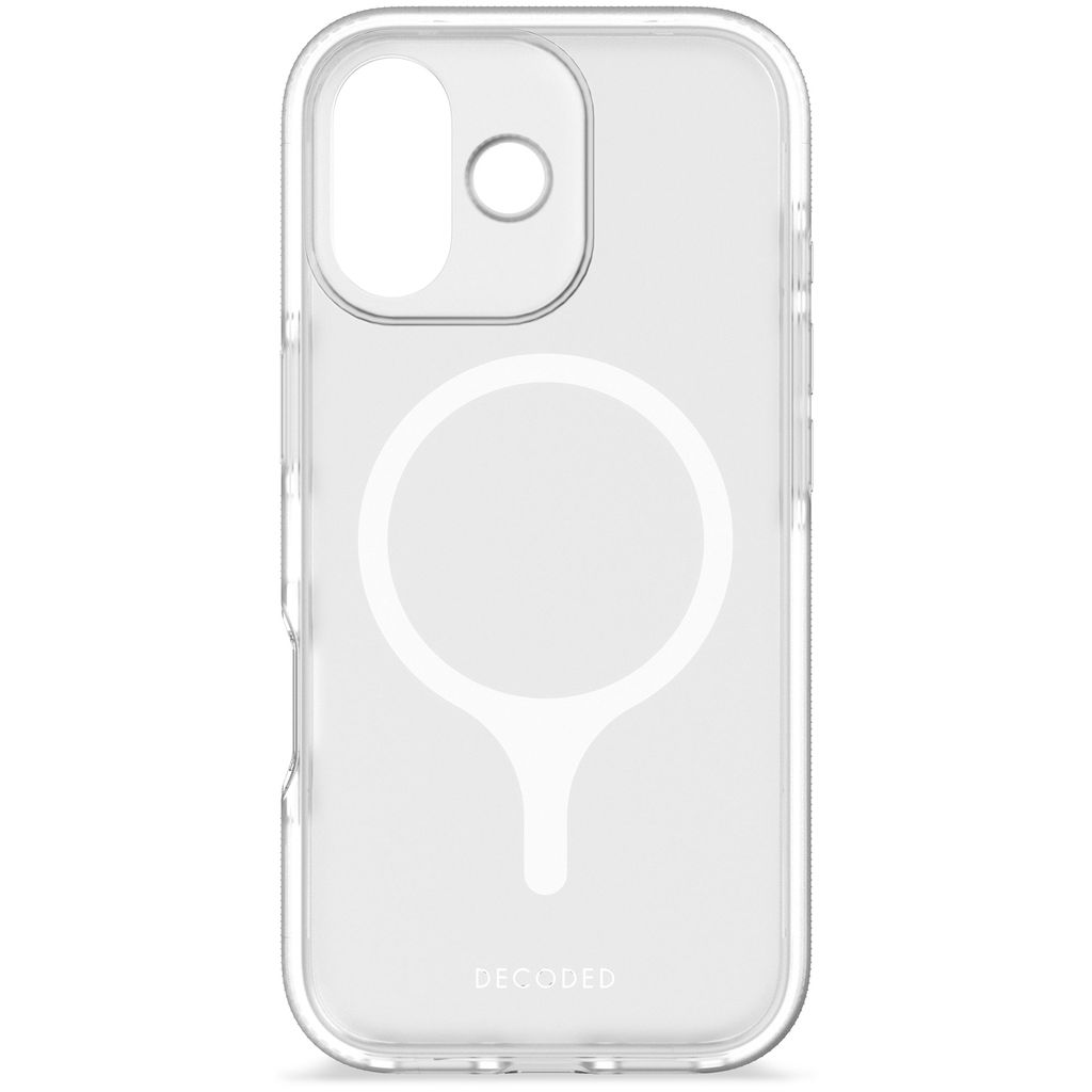 Una custodia trasparente per telefono con ritagli per fotocamera e ricarica, cerchio MagSafe bianco e la scritta DECODED.