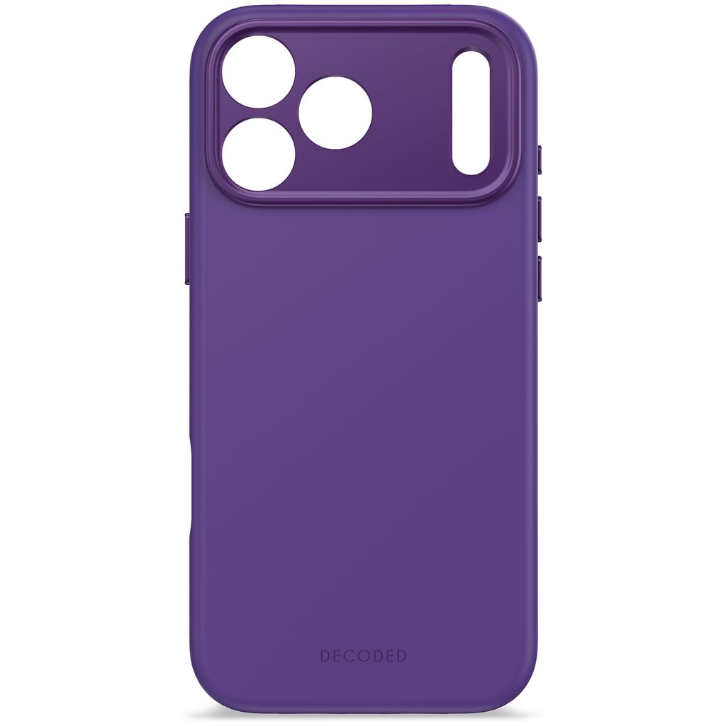 Una custodia viola per telefono con fori per fotocamera e flash. Il marchio "DECODED" è in basso.