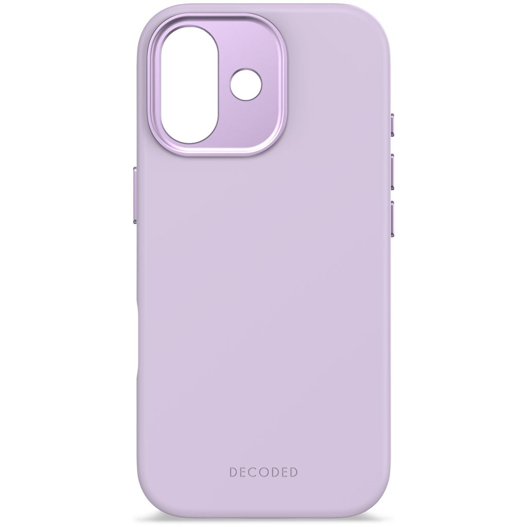 Una custodia per telefono color lavanda con ritagli per fotocamera e pulsanti. La parola DECODED è stampata in basso.