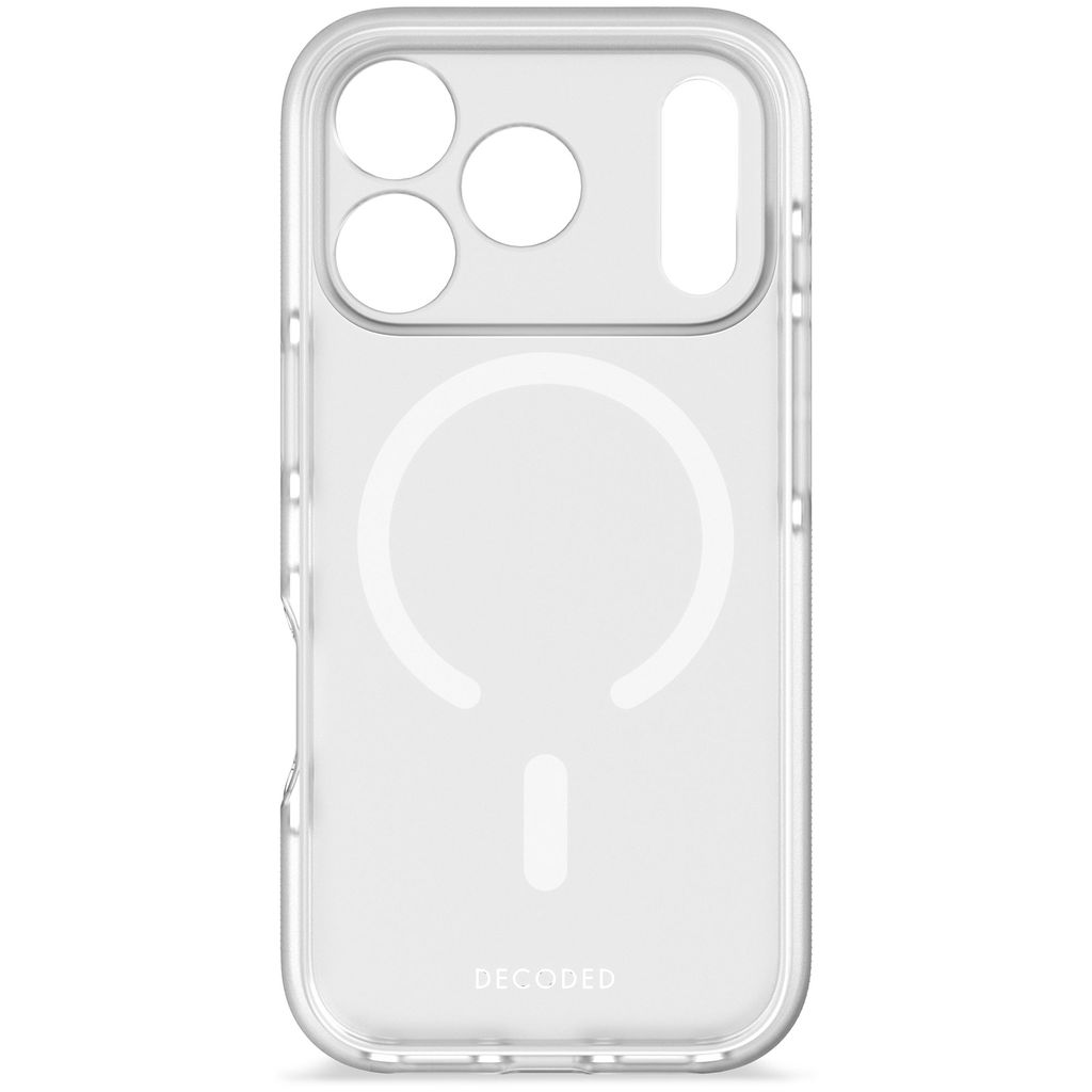 Una custodia trasparente per telefono. Ha fori per fotocamera e pulsanti. Il marchio 'DECODED' è in basso.