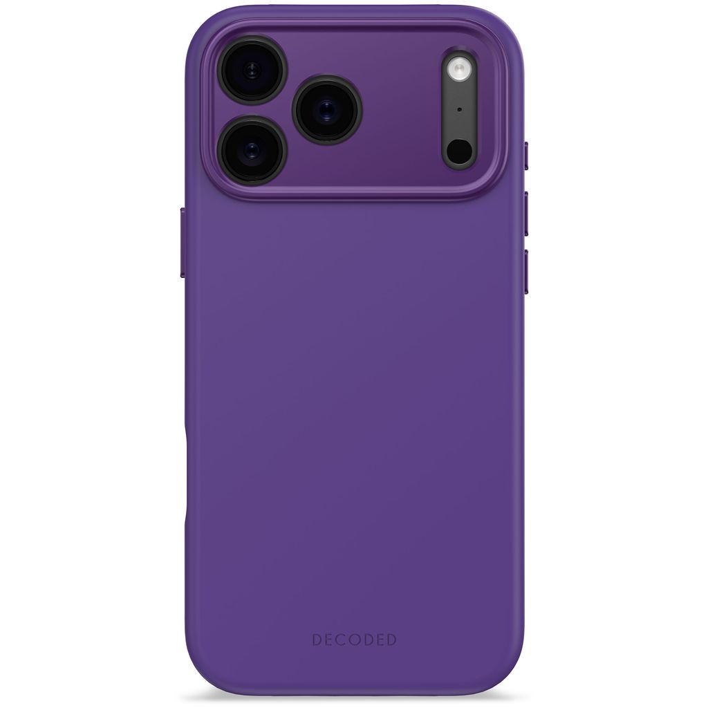Una custodia per telefono viola con modulo fotocamera. La custodia ha la scritta 'DECODED'.