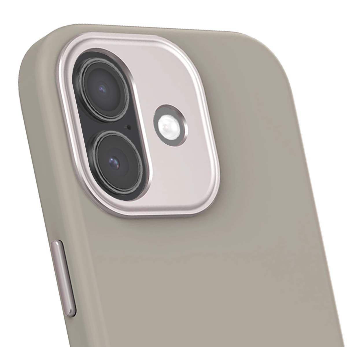 Primer plano del módulo de cámara y la carcasa de un teléfono. La cámara tiene dos lentes y un flash. La carcasa es de color gris claro.