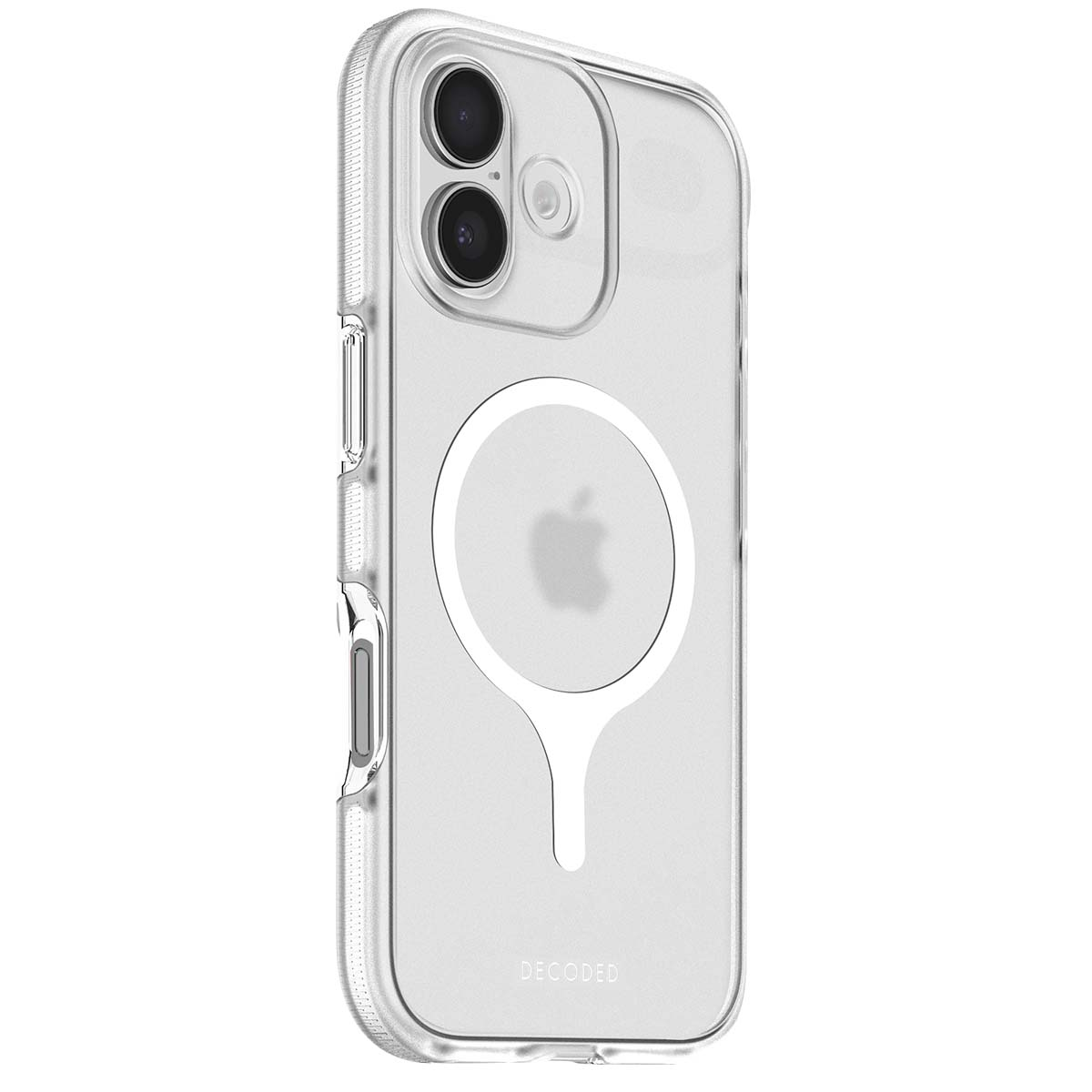 Custodia trasparente. Ha un ritaglio per la fotocamera, un anello MagSafe bianco con logo Apple e la scritta DECODED.