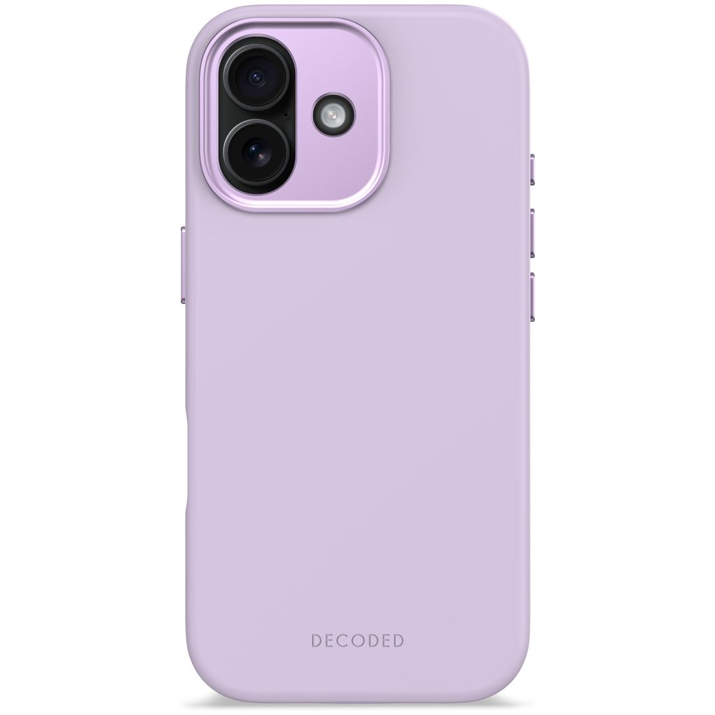 Una custodia per telefono color lavanda con ritagli per la fotocamera in alto. La parola 'DECODED' è in basso. Pulsanti laterali.