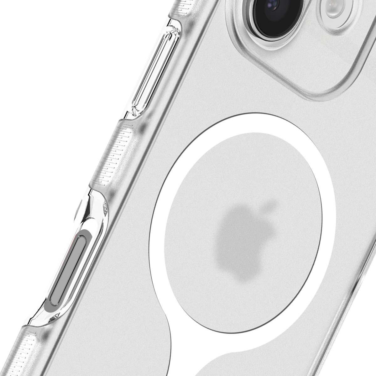 Custodia trasparente per telefono. Logo Apple visibile sul retro. Il lato mostra pulsanti e bordi. Primo piano, sfondo bianco.