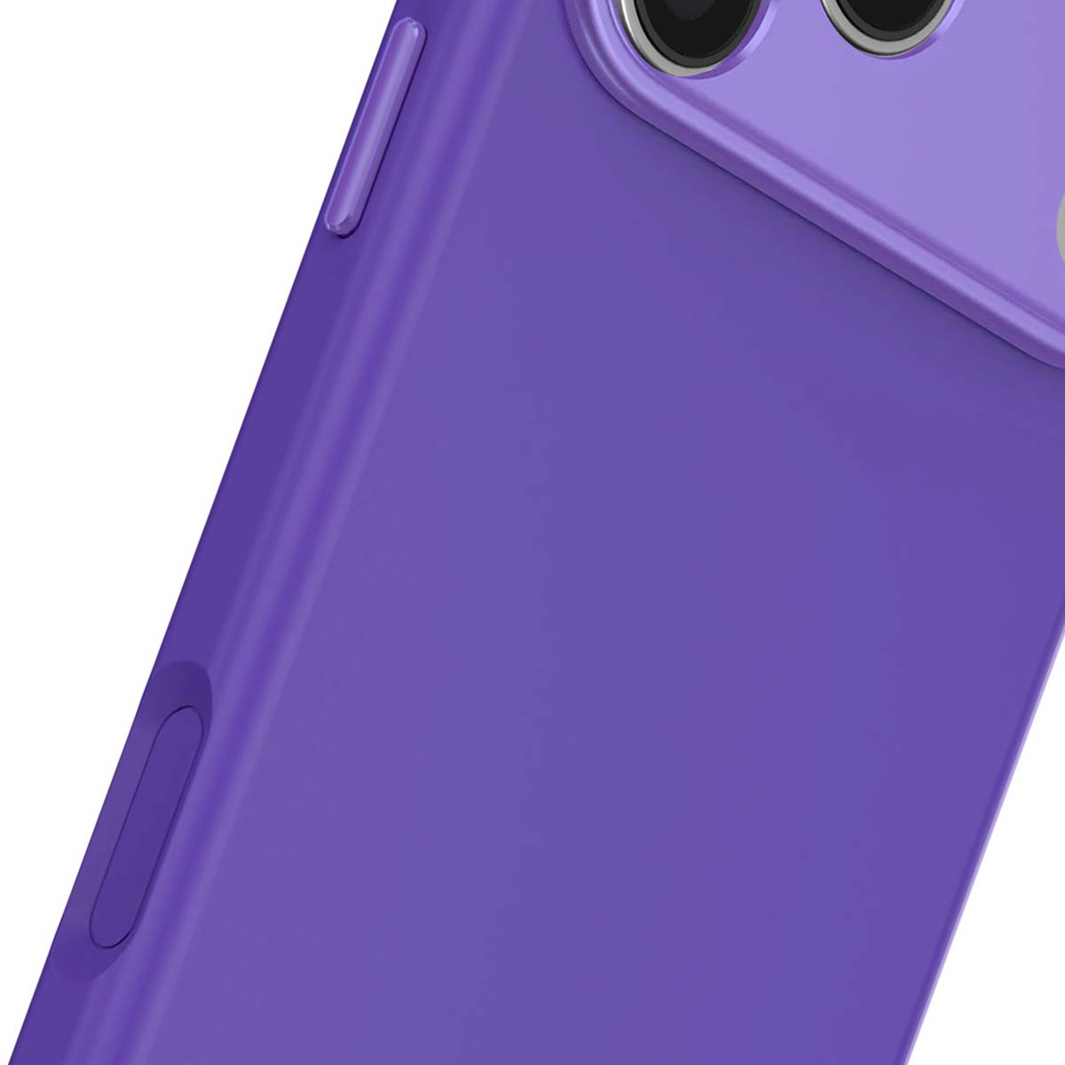 Primo piano di una custodia per telefono viola con lenti della fotocamera visibili. La custodia ha una superficie liscia e pulsanti laterali.