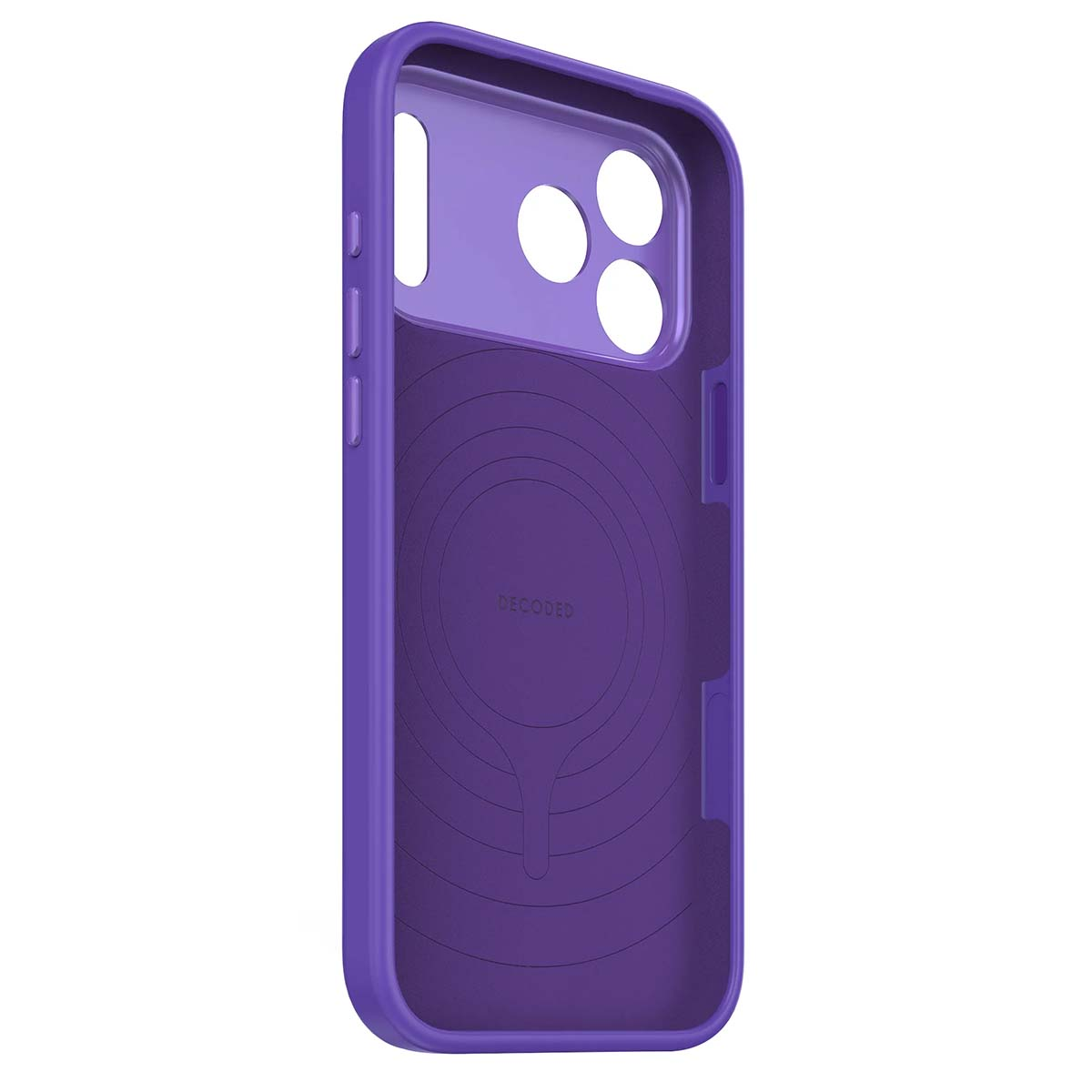 Una custodia viola per telefono, con fori per la fotocamera e i pulsanti. All'interno la parola 'DECODED' e un design circolare.