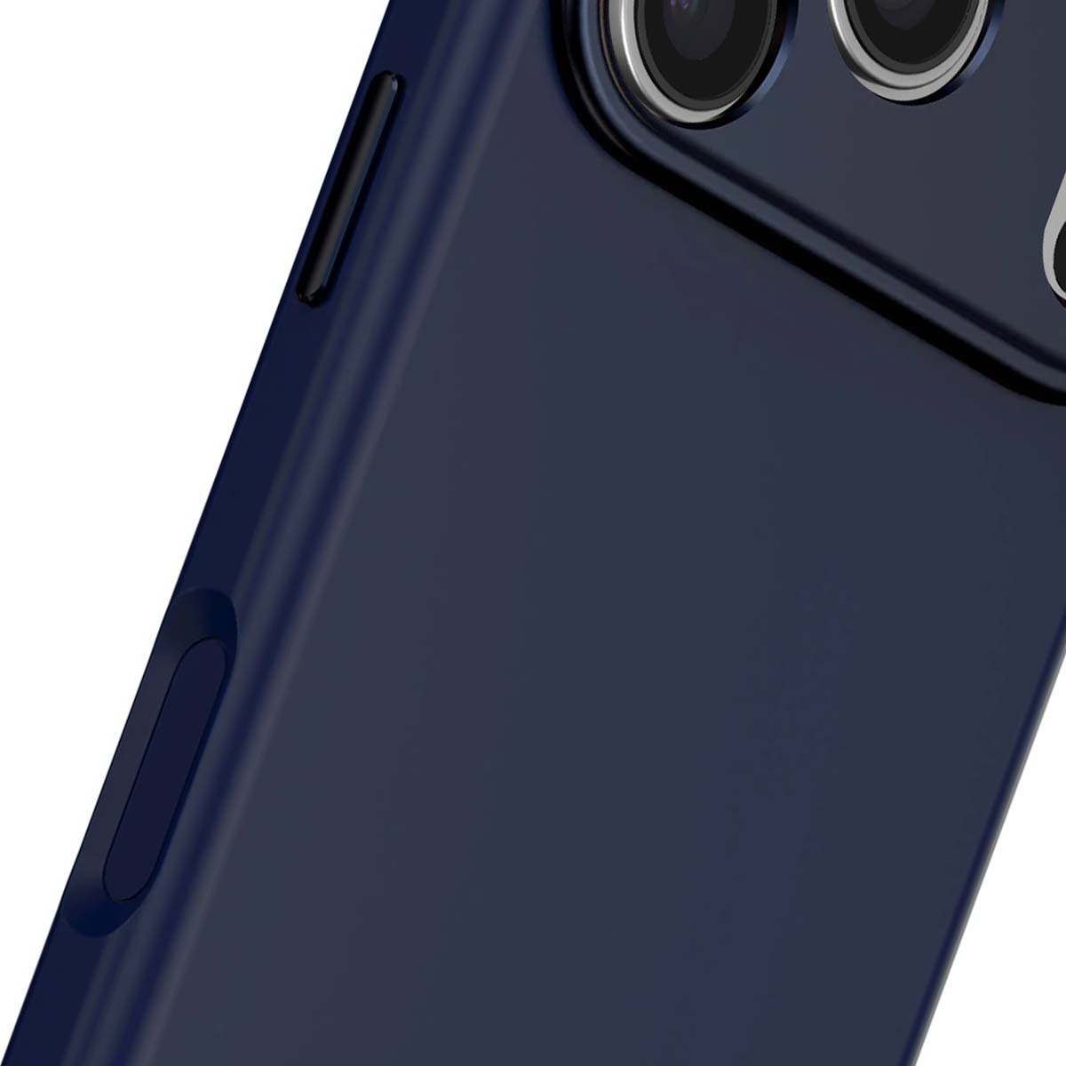 Primo piano di un telefono blu navy. Sono visibili i pulsanti laterali e le lenti della fotocamera. La custodia ha una finitura opaca liscia.