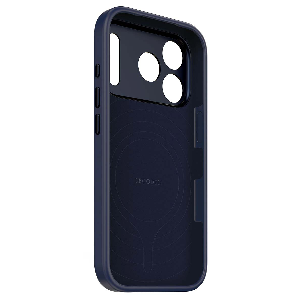 Una custodia per telefono blu scuro. Ha aperture per fotocamera e pulsanti. La parola 'DECODED' è in basso.