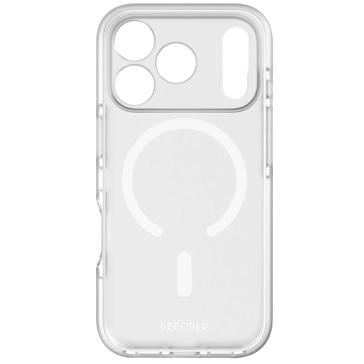 Custodia trasparente per telefono con fori per fotocamera e design MagSafe circolare. La parola 'DECODED' in basso.