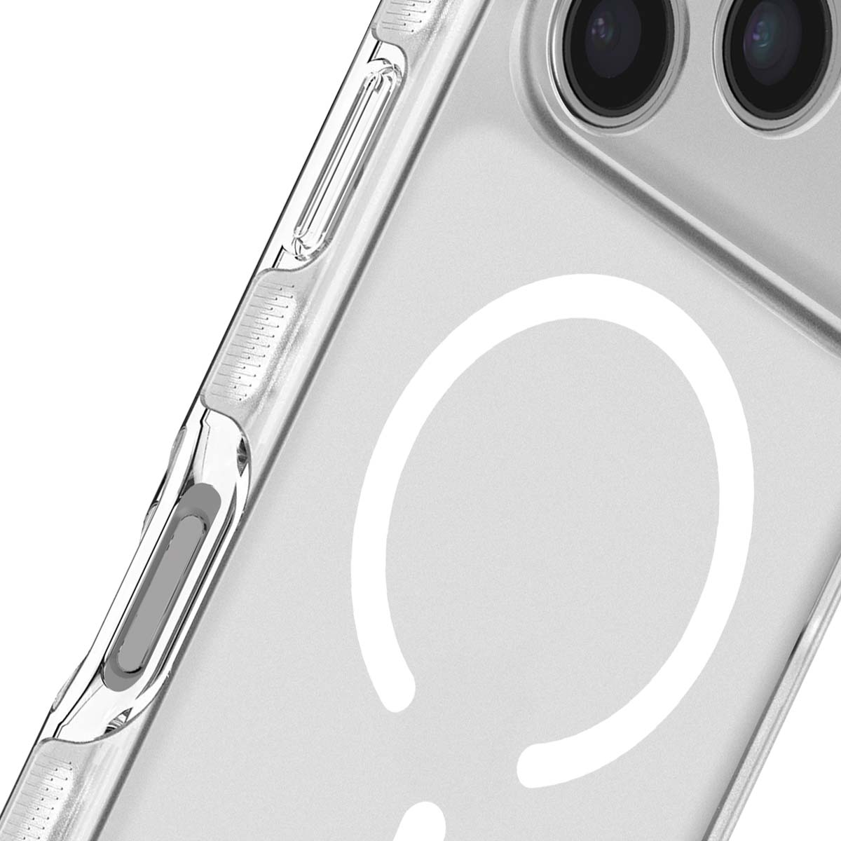 Custodia trasparente per telefono. Visibili obiettivi della fotocamera, un anello bianco e i pulsanti laterali. La custodia è trasparente.