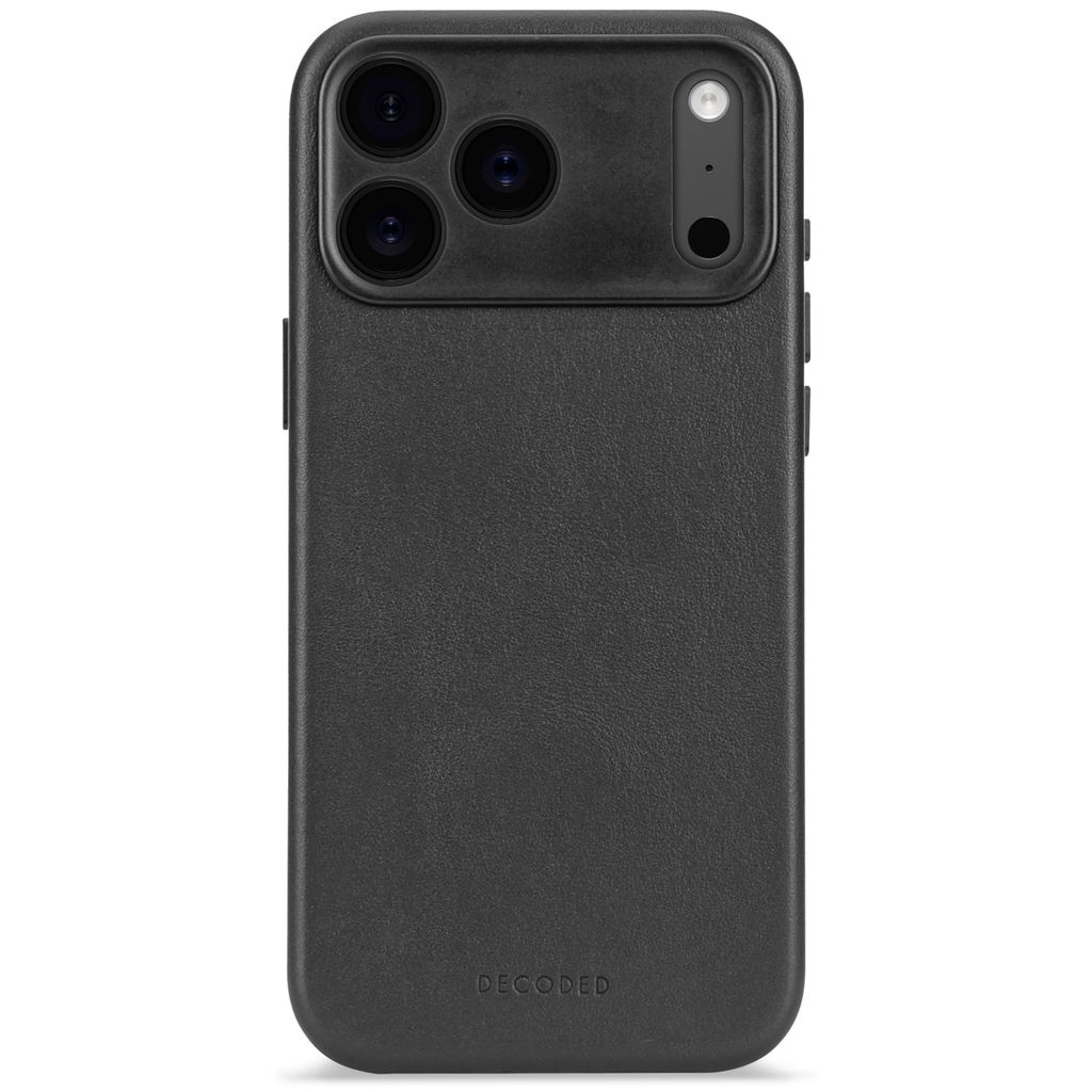Una custodia nera per telefono con modulo fotocamera. La custodia presenta la scritta 'DECODED' in basso.
