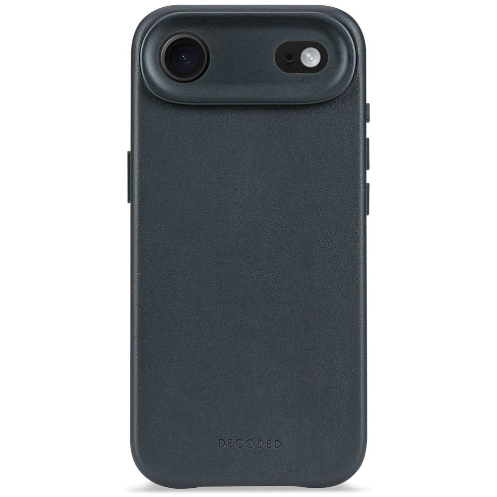 Una custodia per telefono grigio scuro con due aperture per fotocamera in alto e la scritta 'DECODED'.