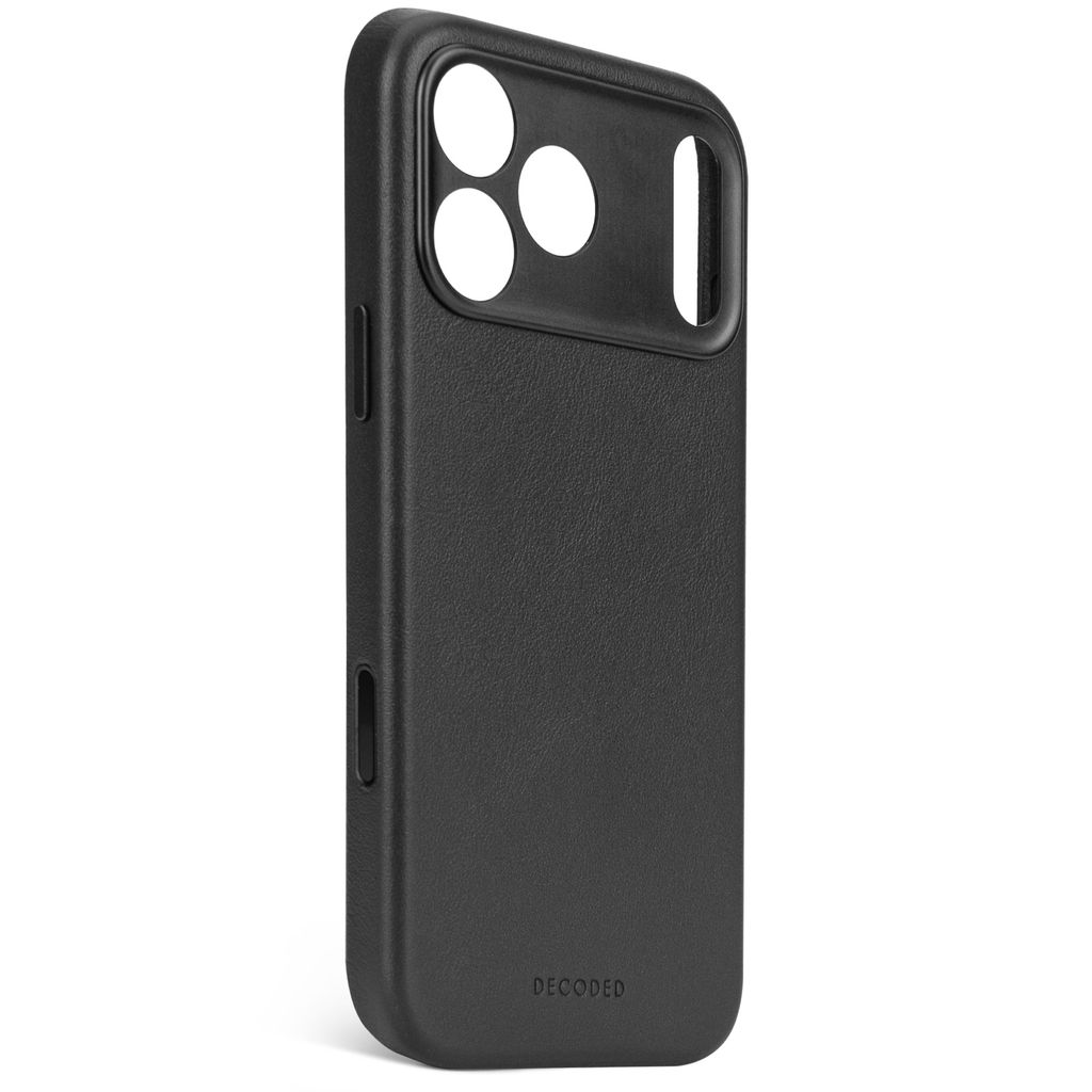 È mostrata una custodia nera per telefono con ritagli per la fotocamera, con la parola 'DECODED' in basso. È su uno sfondo bianco.