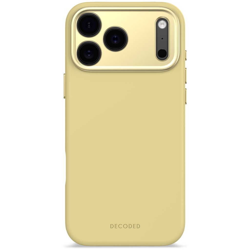 Eine gelbe iPhone-Hülle mit drei Kameralinsen und einem Blitz. Das Wort 'DECODED' steht unten.