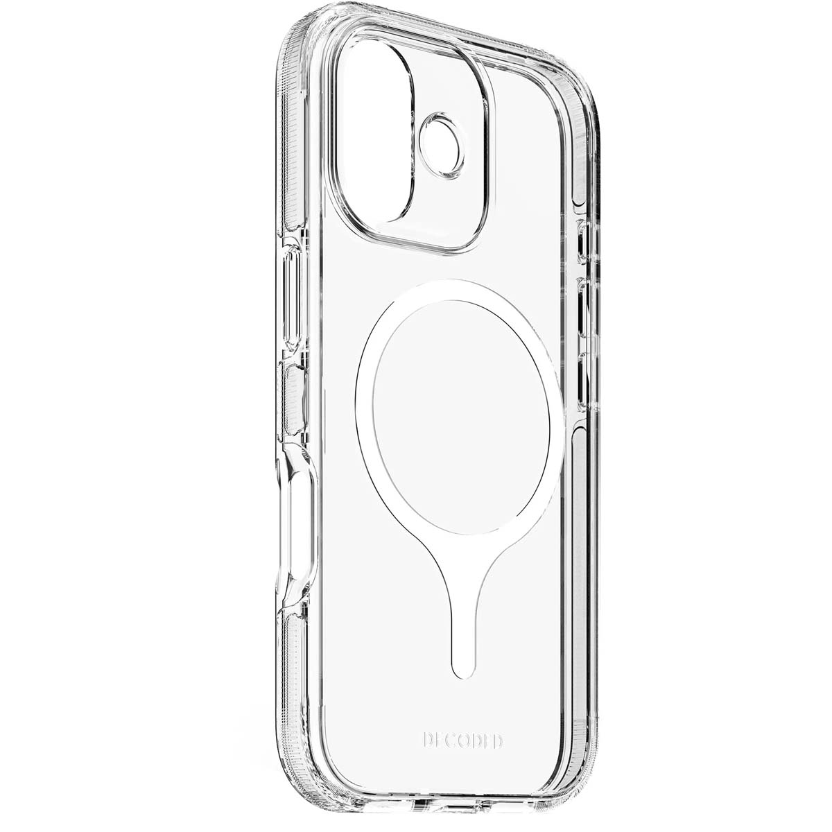 Eine transparente iPhone-Hülle. Die Hülle hat Aussparungen für Kamera und Knöpfe. Ein kreisförmiger MagSafe-Ring ist sichtbar.