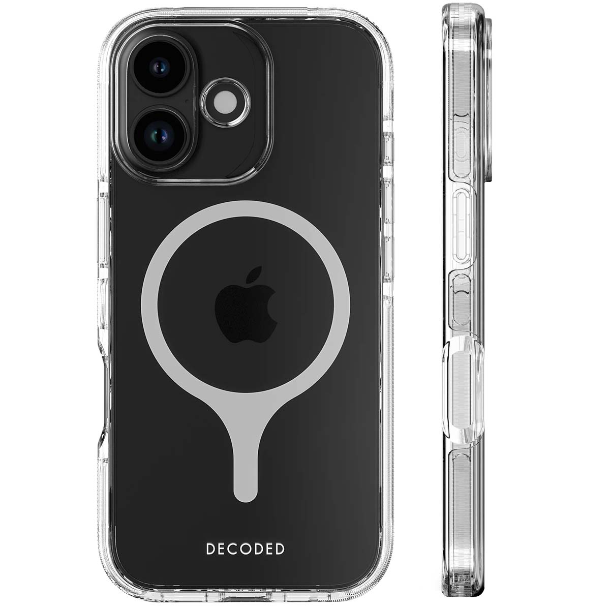 Transparente iPhone-Hülle mit schwarzem Telefon. Zeigt Kameras, Apple-Logo und das Wort 'DECODED' unter dem Telefon.