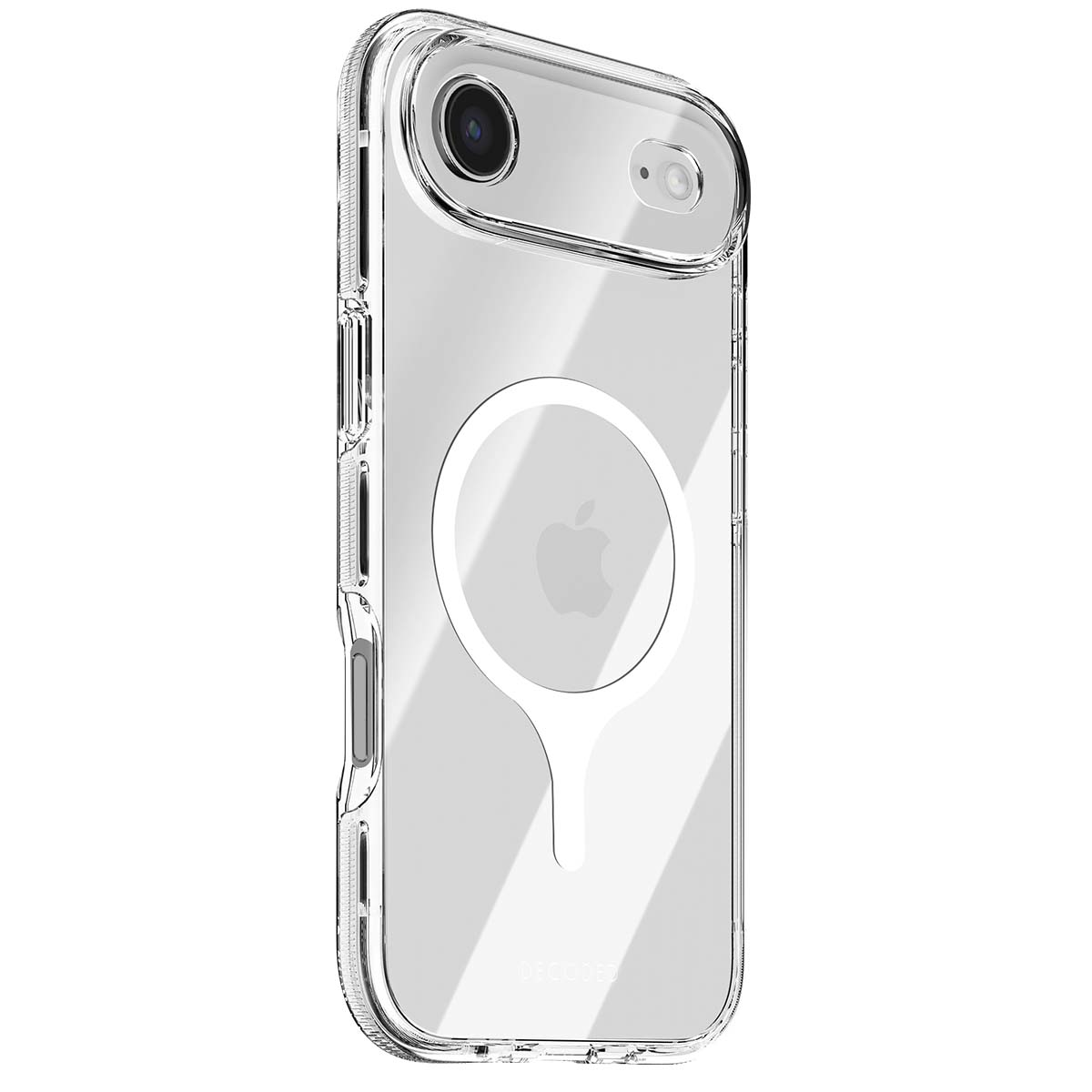 Viene mostrata una custodia trasparente per iPhone. La custodia ha un cerchio bianco con il logo Apple. La fotocamera del telefono è visibile sopra.