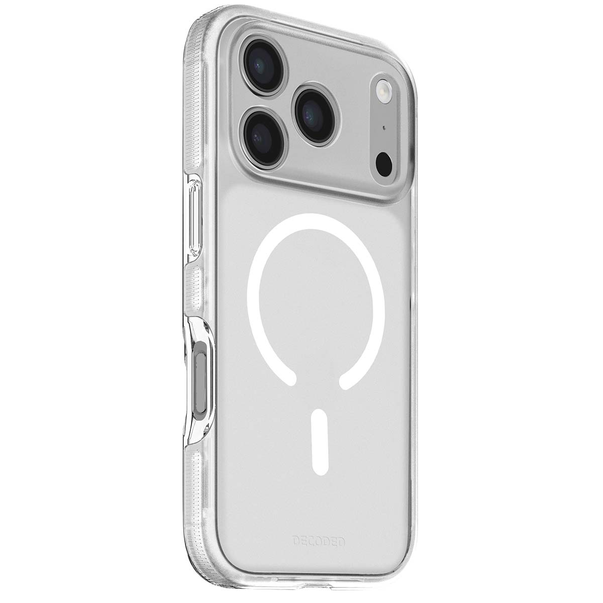 Se muestra una funda transparente para iPhone, mostrando el módulo de la cámara del teléfono y un diseño MagSafe blanco en la parte trasera.