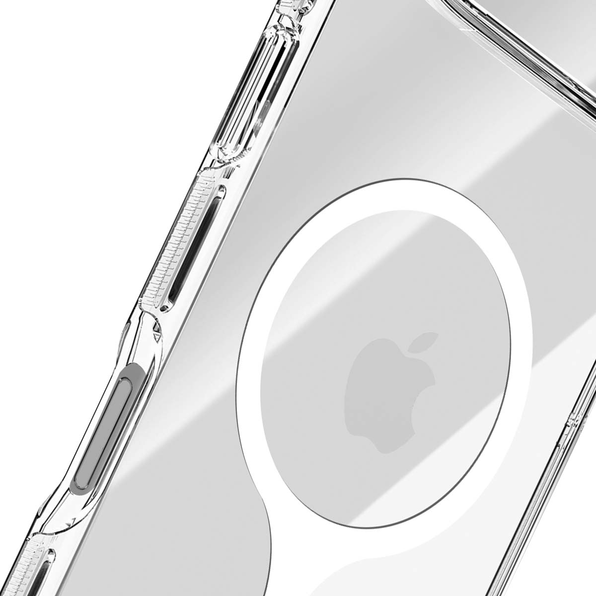 Custodia trasparente. Logo Apple visibile all'interno di un cerchio bianco. Il lato ha un design trasparente e scanalato.