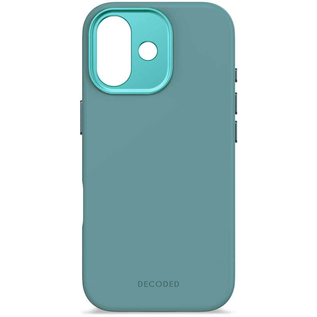 Una custodia per telefono verde acqua con un ritaglio per fotocamera e pulsanti verde acqua. La parola 'DECODED' è in basso.