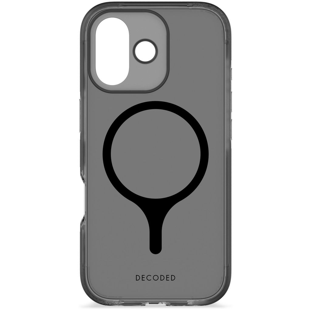 Una custodia grigia per telefono con un design circolare nero e un ritaglio per la fotocamera. La parola 'DECODED' in basso.