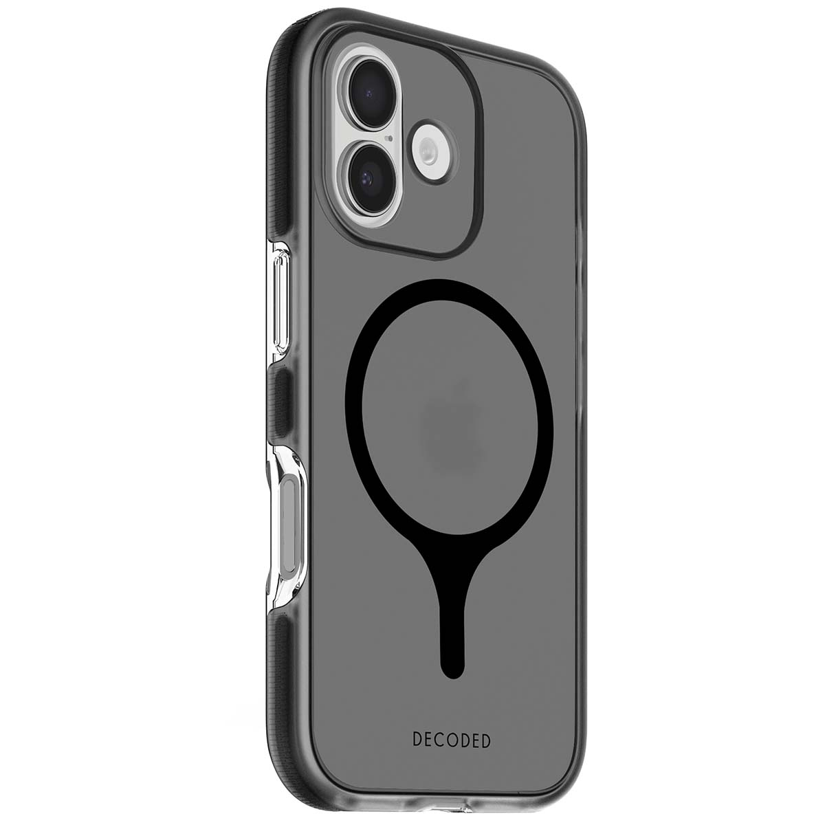 Una custodia trasparente per iPhone con dettagli neri e un design a cerchio magnetico nero. Il telefono ha due fotocamere.