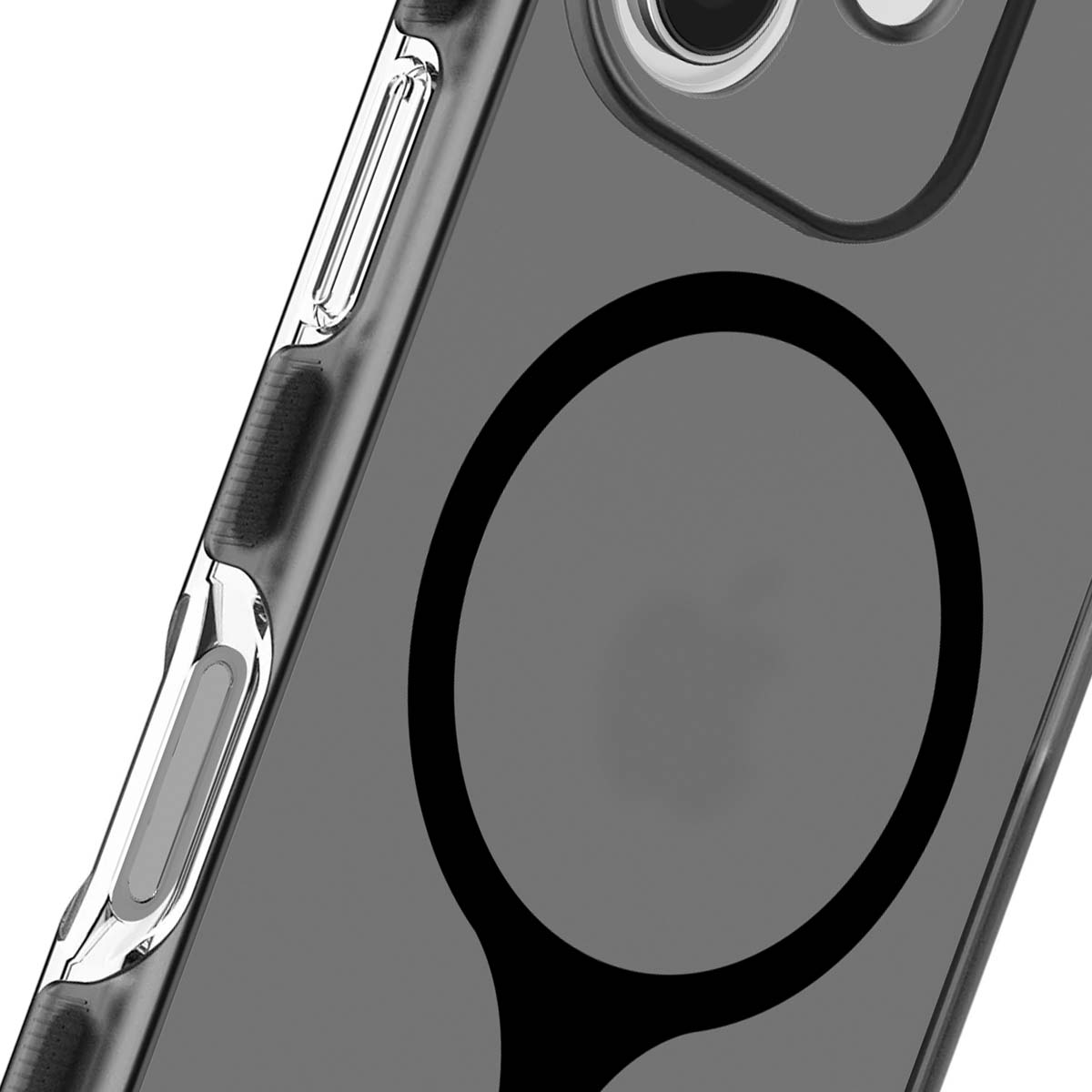 Primo piano di una custodia per telefono. La custodia è trasparente con accenti neri e un grande cerchio nero. Il lato ha dei pulsanti.